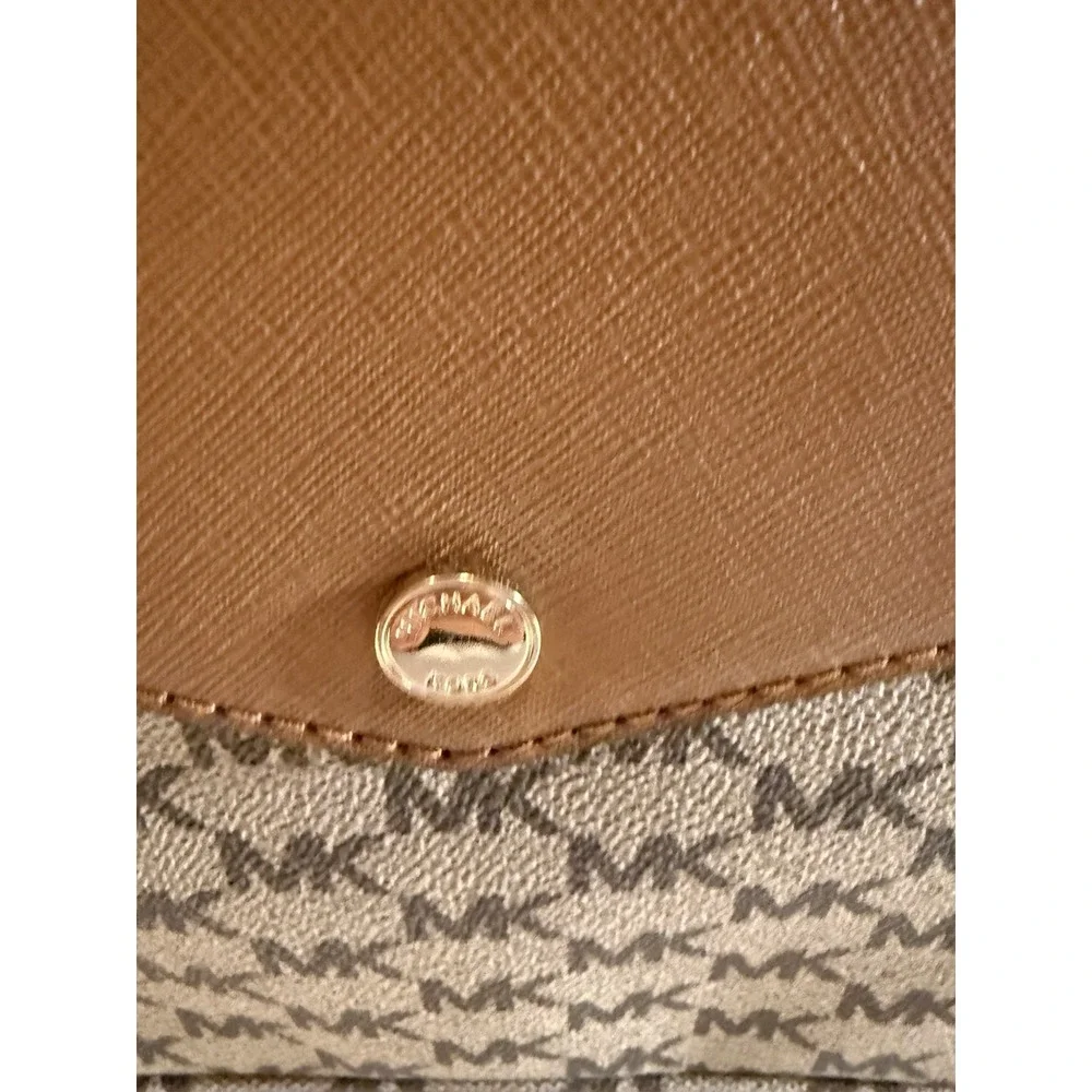 Michael Kors Jet Set Signature MK Logo Tote Bag Beige Brown Large Gold Hardware